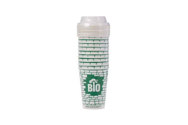Waterbased Paper Cup 14oz Brick Wall Design with Sugarcane Sip Lids - SET - (8 pieces) | TESSERA Bio Products®
