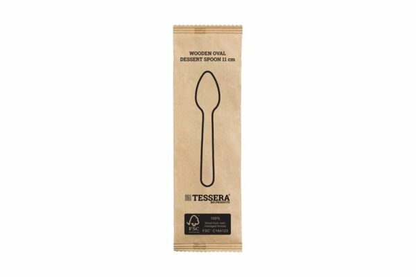 Oval Wooden Dessert Spoon FSC® Wrapped 1/1 11 cm. | TESSERA Bio Products®