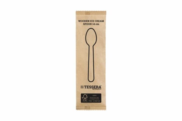 Oval Wooden Dessert Spoon 14 cm FSC, Wrapped 1/1 | TESSERA Bio Products®