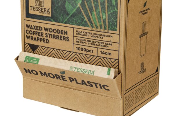 Rührstäbchen, Holz, 14 cm, verpackt 1/1 in Spenderbox, FSC®, 10x1000 Stk. | TESSERA Bio Products®