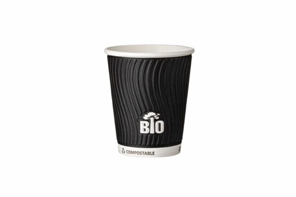 Pappbecher 8oz (0,24 l) geprägt, wasserbasierend, schwarz, BioTREE | TESSERA Bio Products®