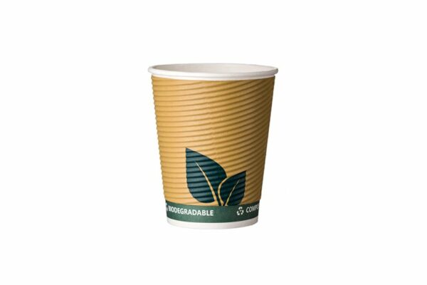 Paper Cup 8oz Ripple Wall Waterbased, Kraft, Green Leaf | TESSERA Bio Products®