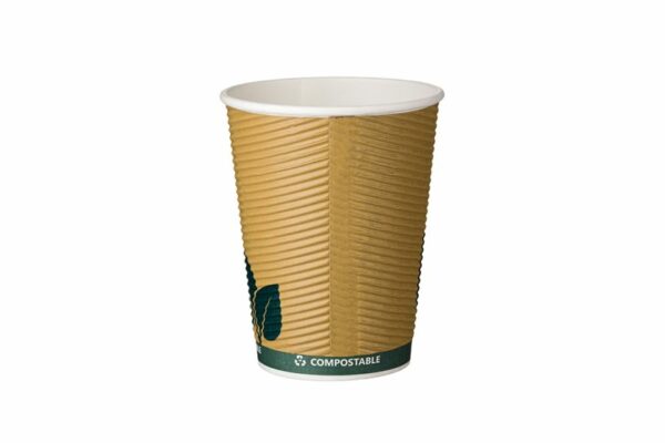 Paper Cup 14oz Ripple Wall Waterbased, Kraft, Green Leaf | TESSERA Bio Products®
