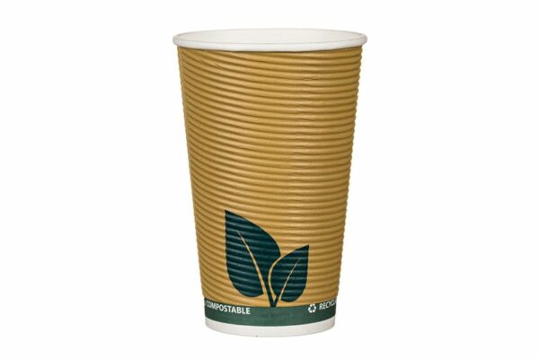 Paper Cup 16oz Ripple Wall Waterbased, Kraft, Green Leaf | TESSERA Bio Products®