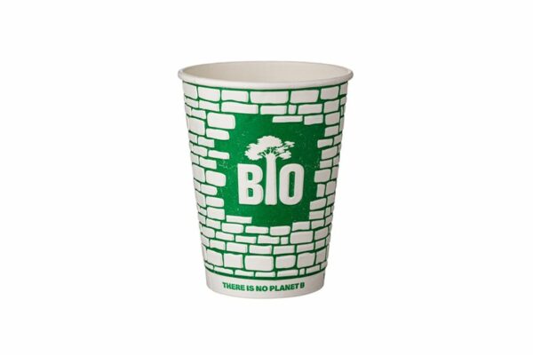 Pappbecher 14oz (0,47 l) geprägt, wasserbasierend, weiß, Brick Wall | TESSERA Bio Products®