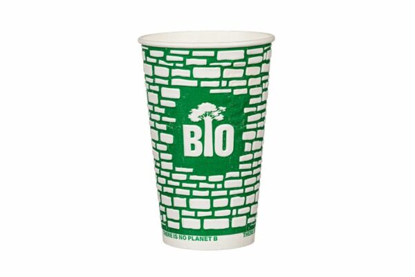 Pappbecher 14oz (0,41 l) geprägt, wasserbasierend, weiß, Brick Wall | TESSERA Bio Products®