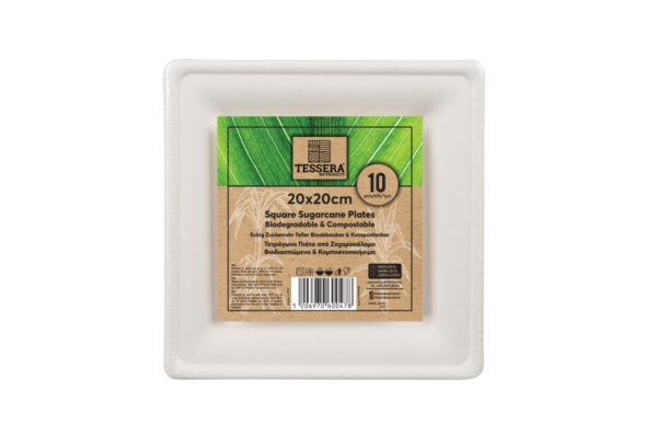 Τετράγωνα Πιάτα Ζαχαροκάλαμο 20x20cm. (10 τεμάχια) | TESSERA Bio Products®