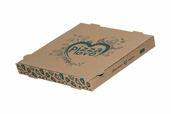 Χάρτινα Κουτιά Πίτσας Kraft FSC® σχέδιο "Pizza Love'' 40x40x4,2 cm. | TESSERA Bio Products®