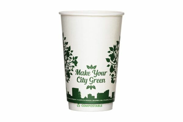 Double Wall Waterbased Paper Cups Ripple Green City Design 16oz. | TESSERA Bio Products®