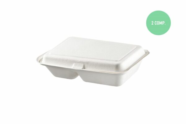 Sugarcane Food Containers 2-Compartments with Hinged Lid | TESSERA Bio Products®