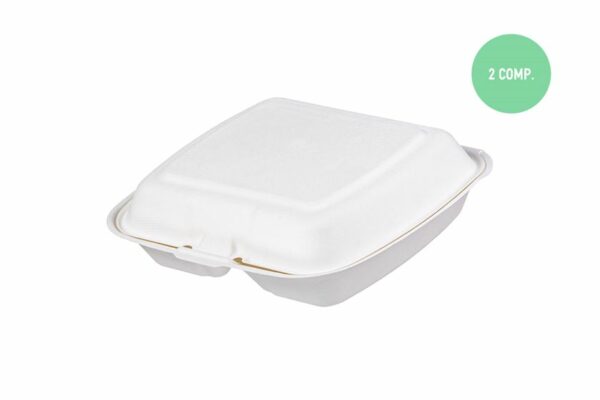 Sugarcane Food Containers 2-Compartments with Hinged Lid | TESSERA Bio Products®