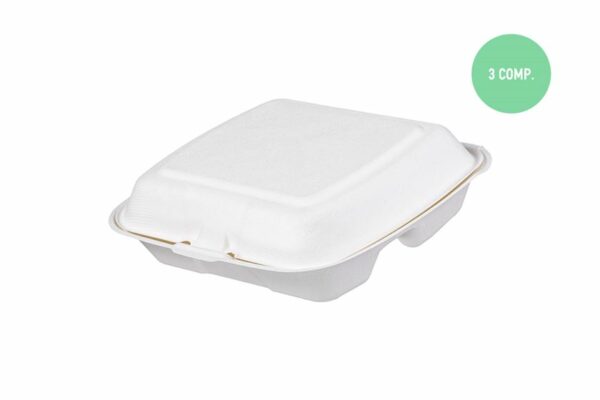 Sugarcane Food Containers 3-Compartments with Hinged Lid | TESSERA Bio Products®