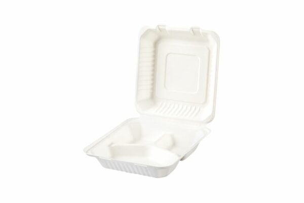 Sugarcane Food Containers 3-Compartments with Hinged Lid | TESSERA Bio Products®
