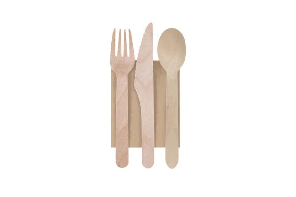 Wooden Cutlery Set FSC® 16 cm. Wrapped (Fork – Knife –Spoon- Napkin) | TESSERA Bio Products®